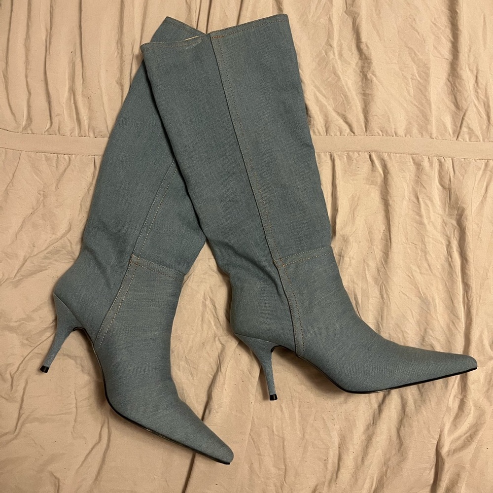 Denim Kitten Heel Boots